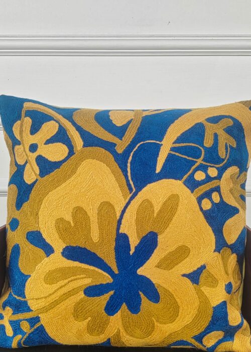 Cobalt Gold Bloom Kashmiri Cushion Cover