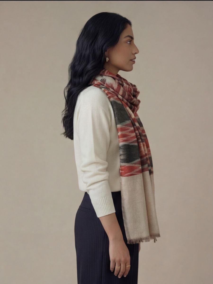 10-700x933 Heritage Pashmina® Rosewood Blush Kashmiri Ikat Scarf - Image 5