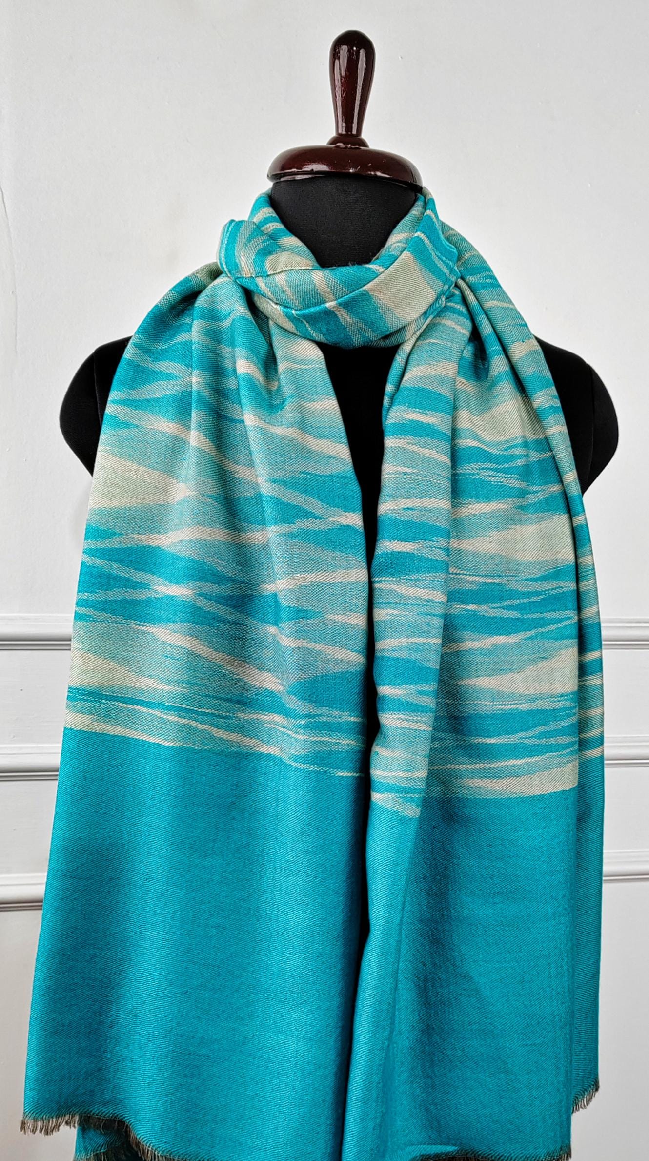 11b-600x1073 Heritage Pashmina® Azure Drift Kashmiri Ikat Scarf - Image 2