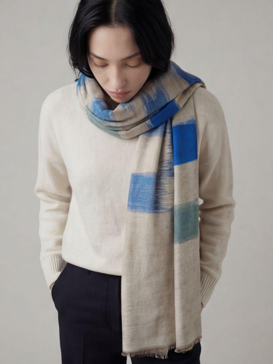 16-700x933 Heritage Pashmina® Coastal Mist Kashmiri Ikat Scarf - Image 3