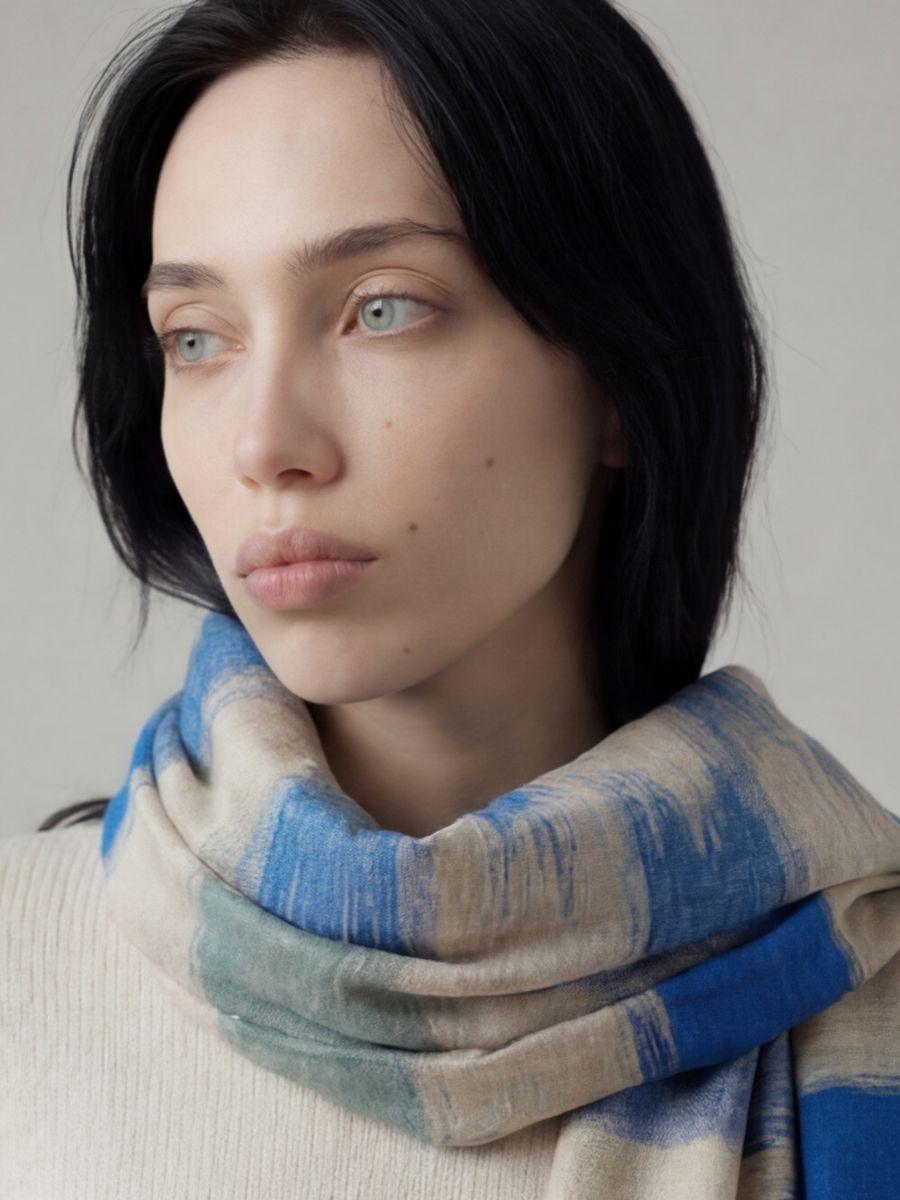 18-700x933 Heritage Pashmina® Coastal Mist Kashmiri Ikat Scarf - Image 2