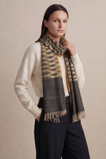 26-350x525 Heritage Pashmina® Saffron Smoke Lattice Kashmiri Ikat Scarf