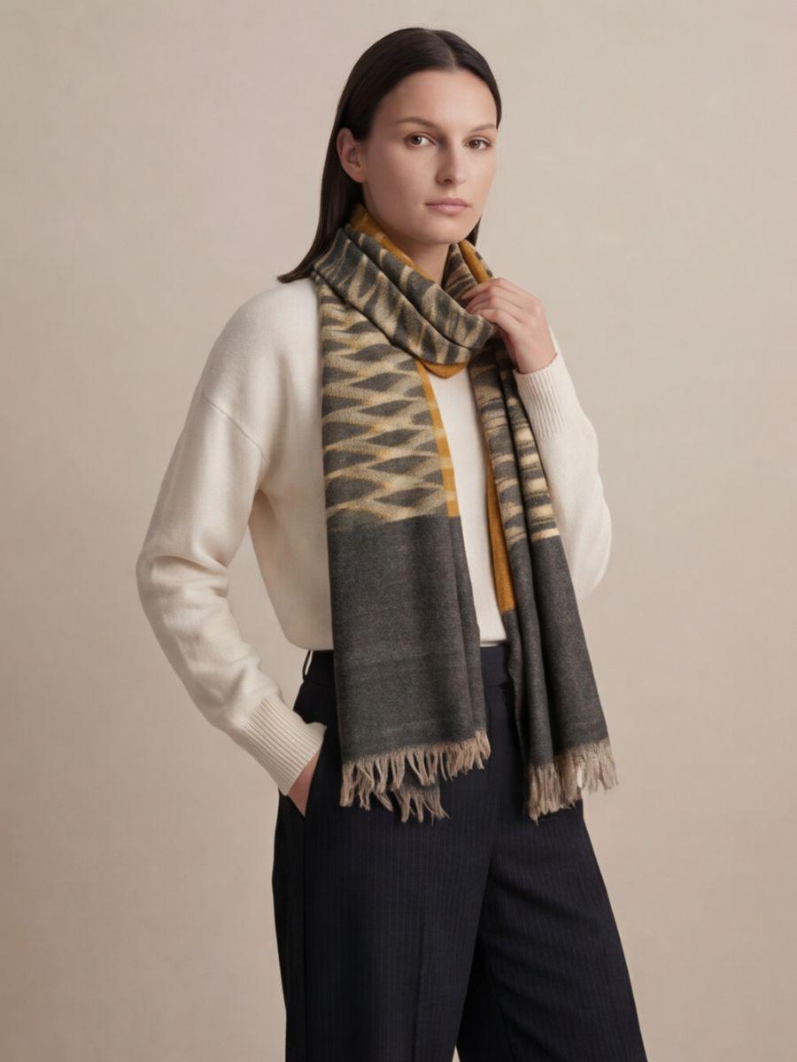 26-700x933 Heritage Pashmina® Saffron Smoke Lattice Kashmiri Ikat Scarf