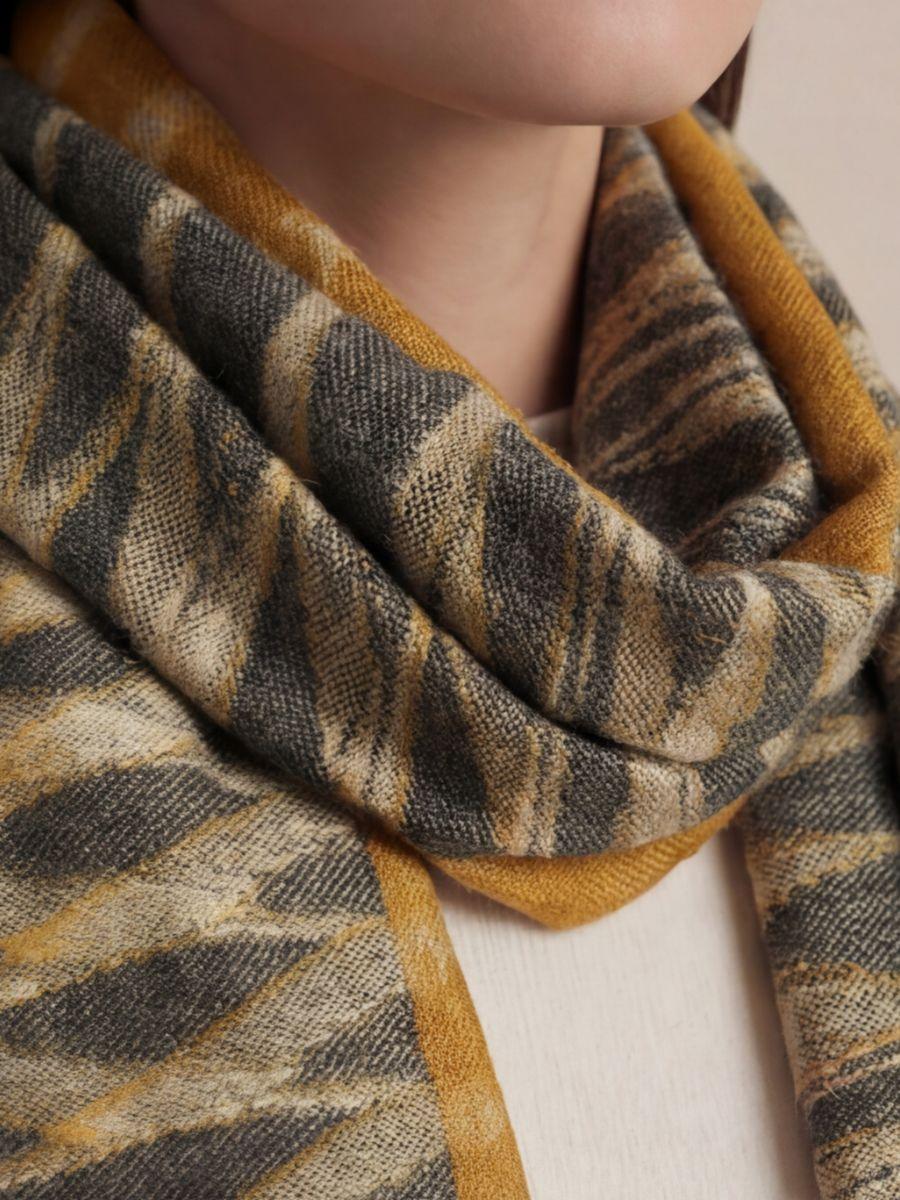 28-700x933 Heritage Pashmina® Saffron Smoke Lattice Kashmiri Ikat Scarf - Image 3