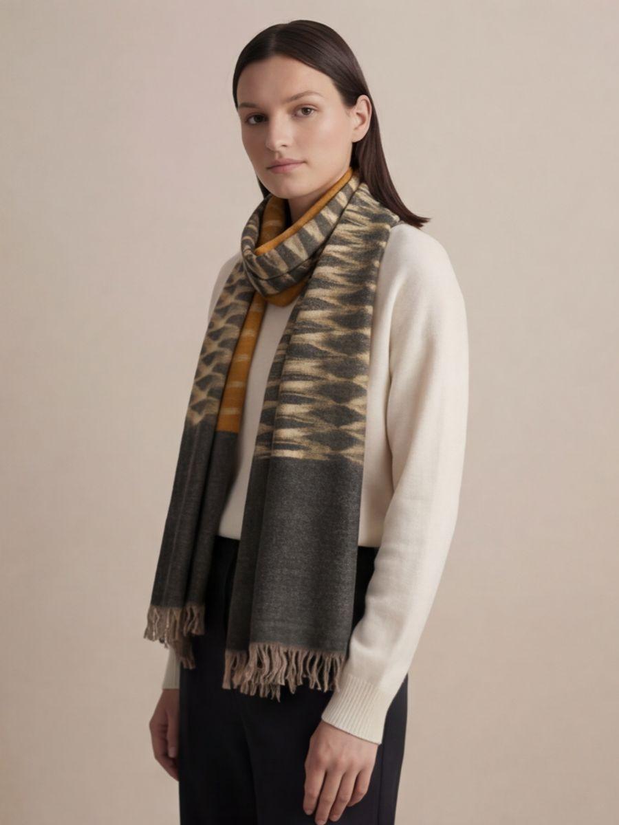 29-700x933 Heritage Pashmina® Saffron Smoke Lattice Kashmiri Ikat Scarf - Image 2