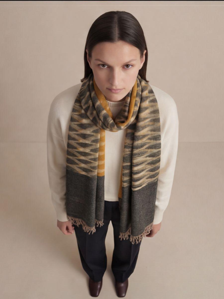 31-700x933 Heritage Pashmina® Saffron Smoke Lattice Kashmiri Ikat Scarf - Image 4