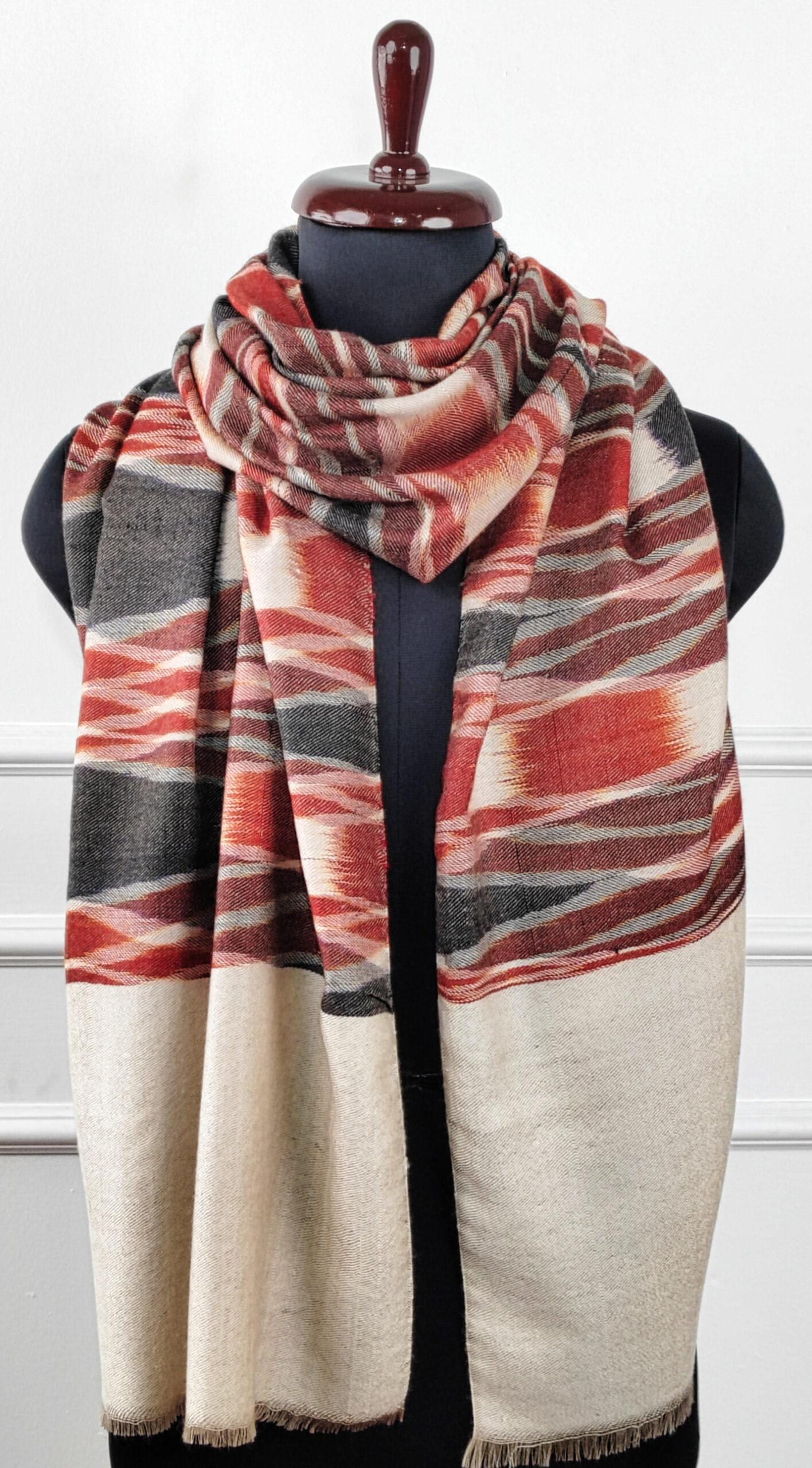 3b-600x1085 Heritage Pashmina® Rosewood Blush Kashmiri Ikat Scarf - Image 2