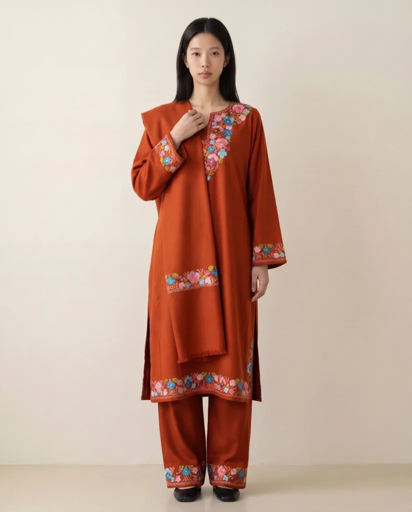 Gulnaar-e-Aatish Aari Embroidered Acro Wool Pheran Set (Pheran, Scarf & Trousers)
