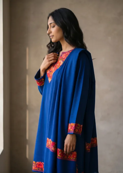 Gulzar-e-Kabood Aari Embroidered Acro Wool Pheran Set (Pheran, Scarf & Trousers)