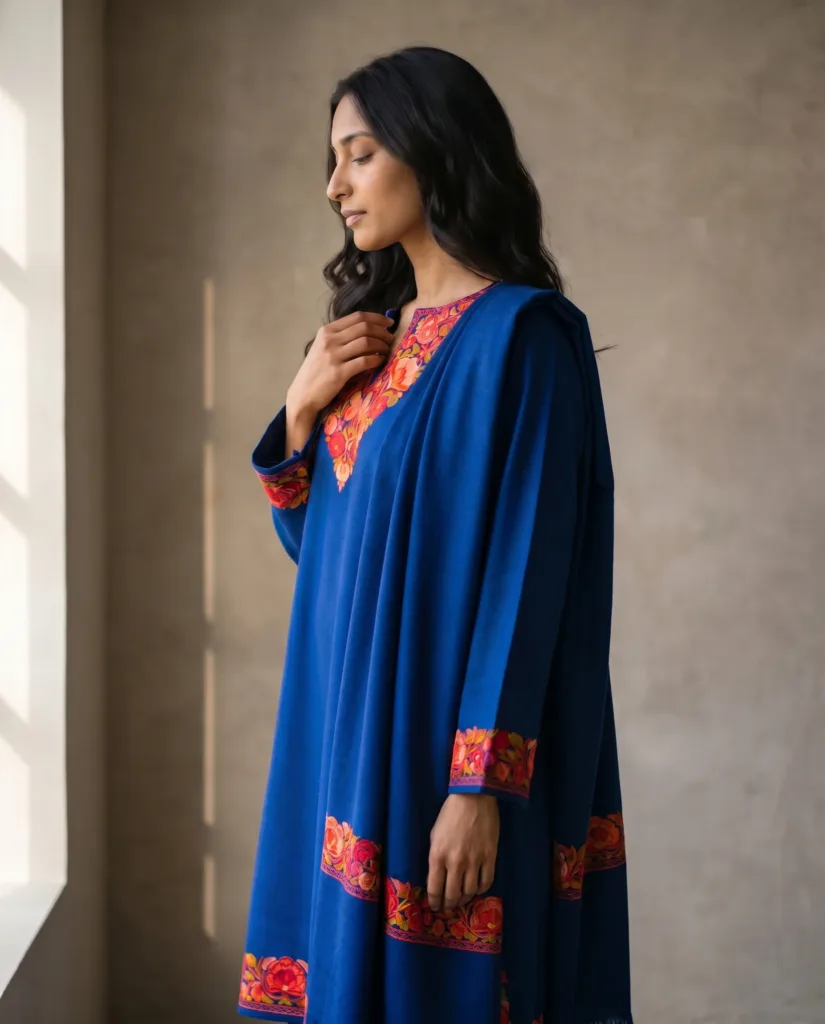 Gulzar-e-Kabood Aari Embroidered Acro Wool Pheran Set (Pheran, Scarf & Trousers)