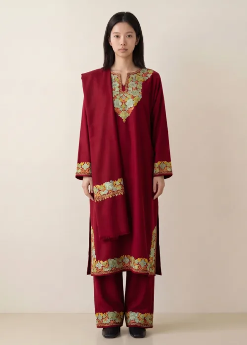 Laal Gulshan Aari Embroidered Acro Wool Pheran Set (Pheran, Scarf & Trousers)