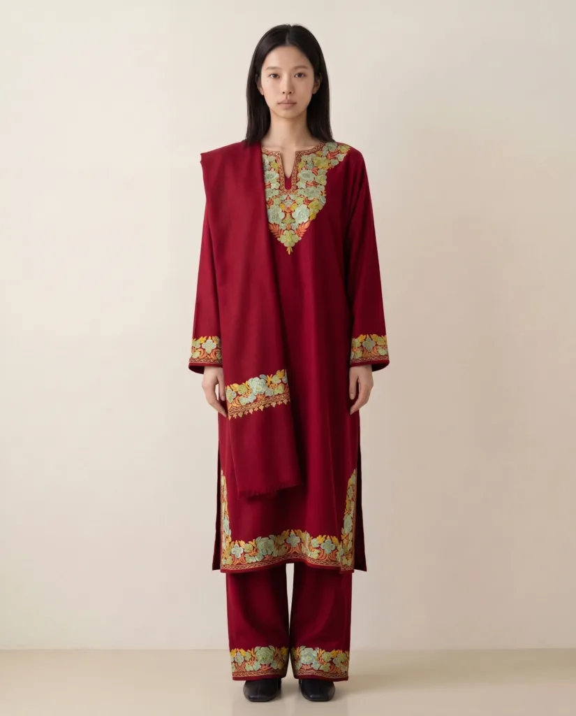 Laal Gulshan Aari Embroidered Acro Wool Pheran Set (Pheran, Scarf & Trousers)