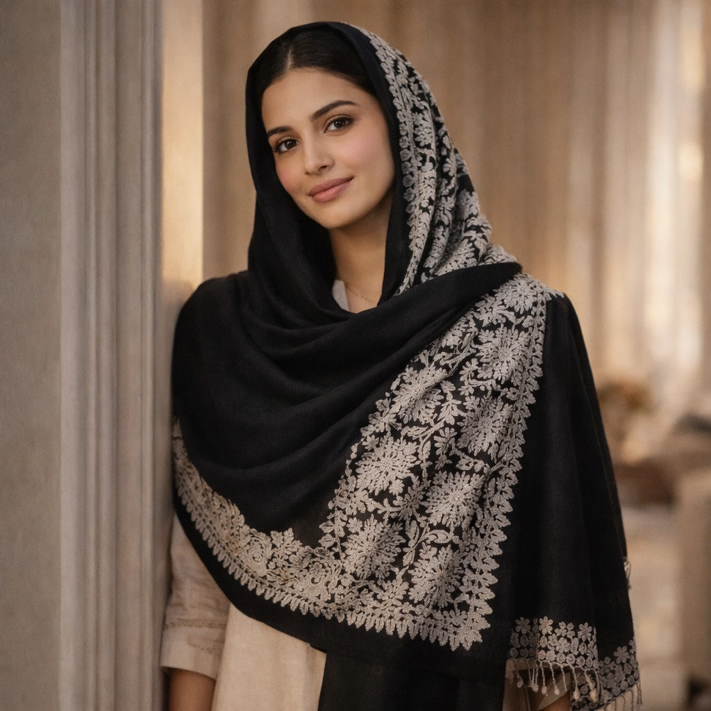 A woman standing in a minimalist interior, wearing a black shawl draped over her shoulders featuring a thick, colorful, and intricately patterned traditional border.