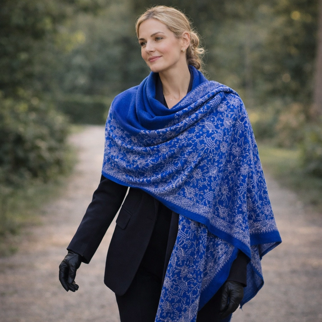 5a7ce0d2-bc20-477b-a9ee-ce4e63ab2d5b A woman outdoors wearing a vibrant cobalt blue shawl with a fine, light-colored vine pattern, styled with a high-wrap over a black coat and black leather gloves.