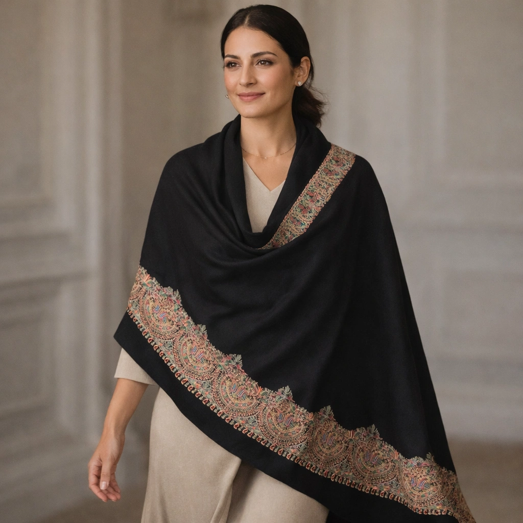 90f415c5-5169-4959-b70a-42a85434996f A woman standing in a minimalist interior, wearing a black shawl draped over her shoulders featuring a thick, colorful, and intricately patterned traditional border.