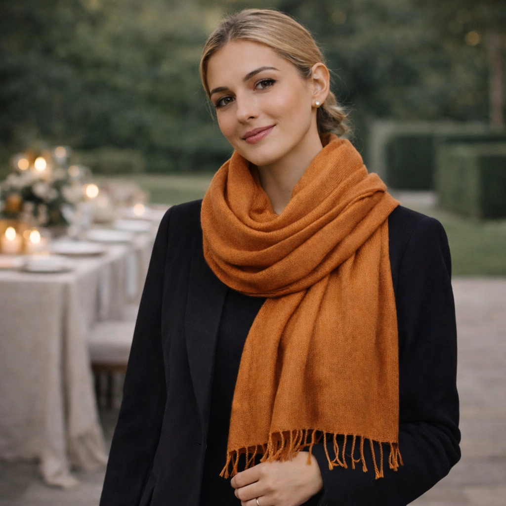 c8f7af27-199e-4c18-8182-5e15051799bb A woman with blonde hair tied back, wearing a solid burnt orange pashmina shawl wrapped snugly around her neck over a black blazer.