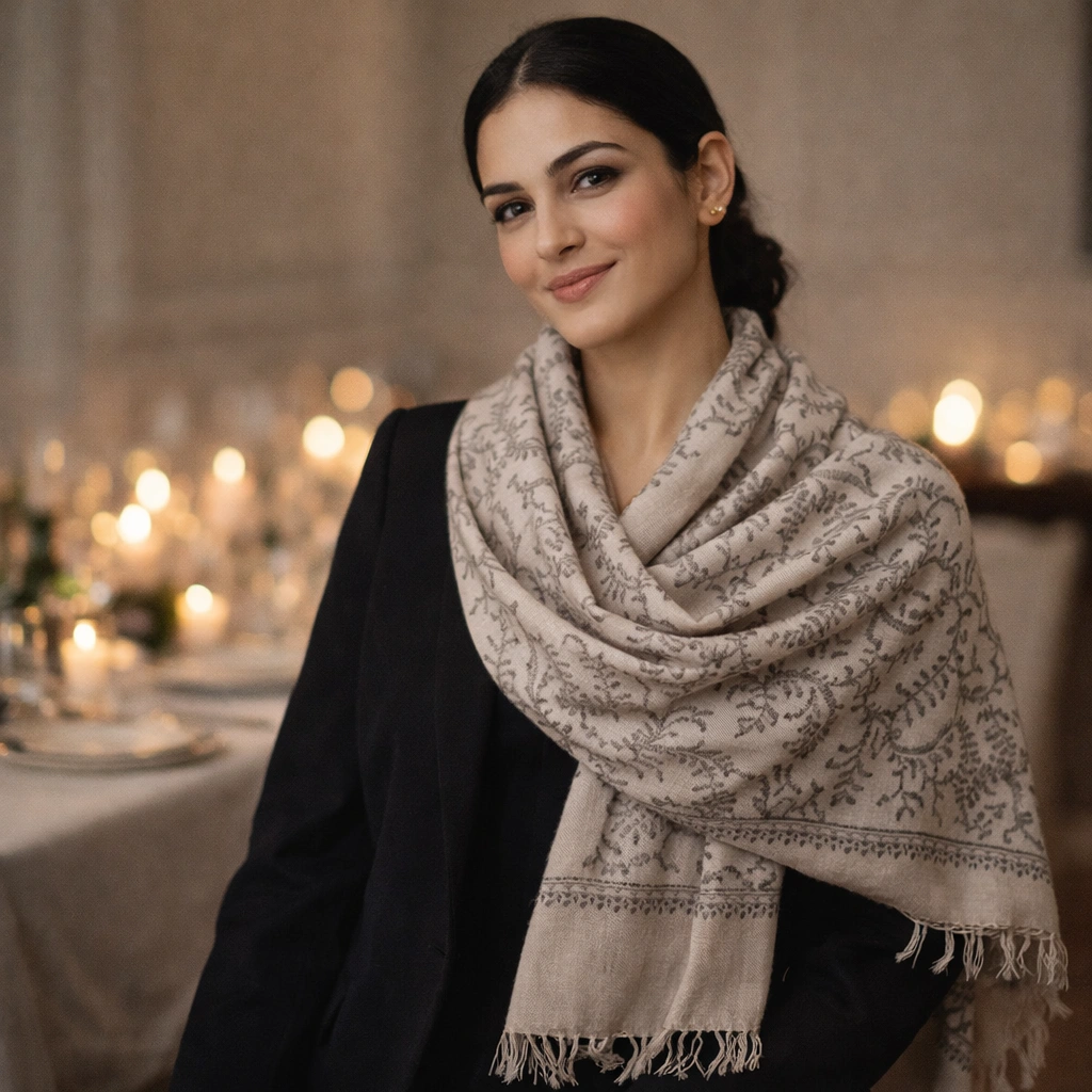 e2a3d9b9-7204-4479-ae2e-ad9778c8e66e A woman in a black blazer wearing a light beige or cream-colored shawl with delicate, all-over grey floral embroidery and a fringed edge.