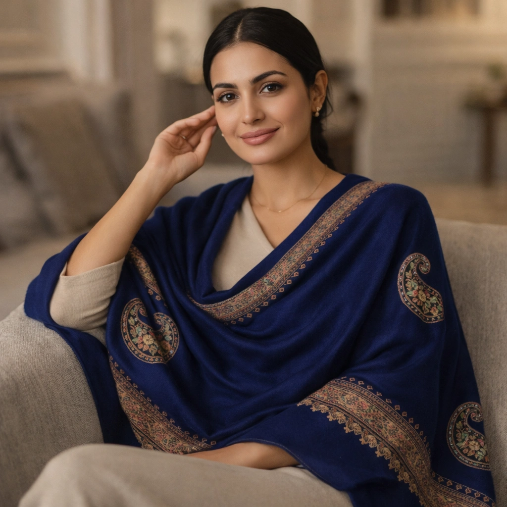 e9464fbc-e410-4c2d-96c4-05666f210bc8 A woman seated on a neutral-toned sofa, draped in a deep royal blue shawl featuring large, detailed paisley motifs and an ornamental border.