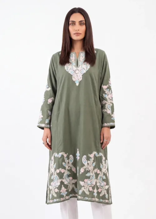 Bahar e Noor Kashmiri Acro Wool Aari Pheran in Olive Green