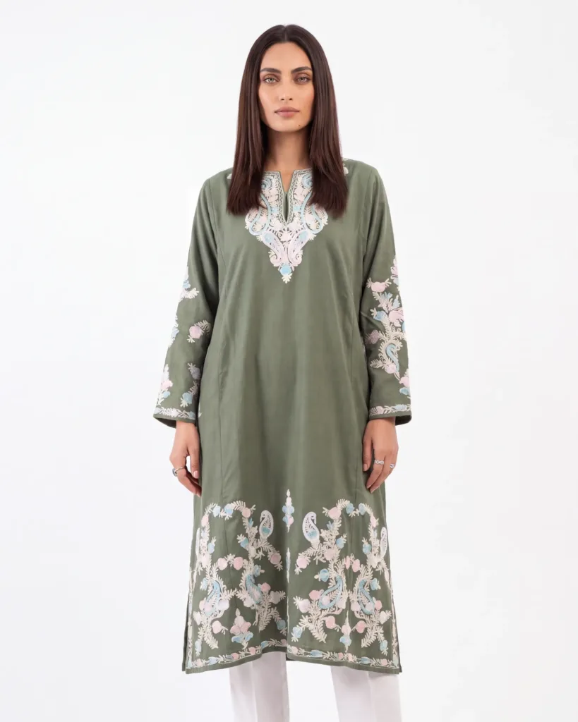 Bahar e Noor Kashmiri Acro Wool Aari Pheran in Olive Green