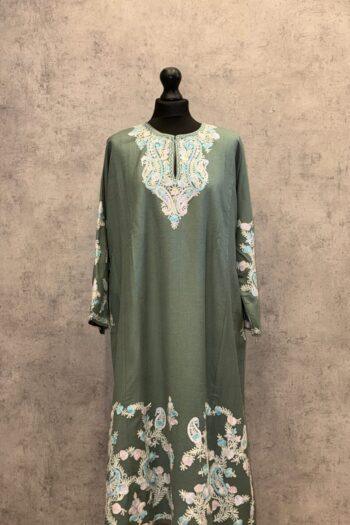 Bahar e Noor Kashmiri Acro Wool Aari Pheran in Olive Green