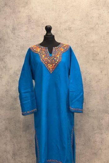 Zaiba Kashmiri Acro Wool Aari Pheran in Blue