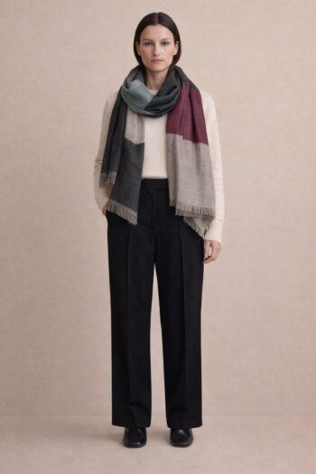 Pamposh Roshni Cashmere Scarf in Beige with Jewel Tones