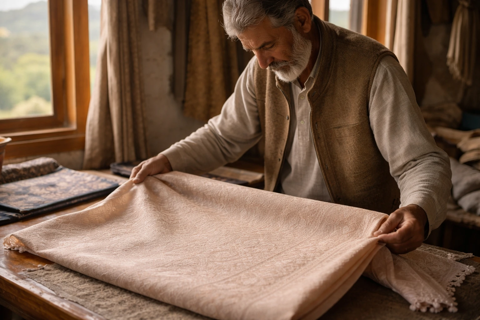 Artisan Folding a Pale Pink Shawl Artisan-Folding-a-Pale-Pink-Shawl