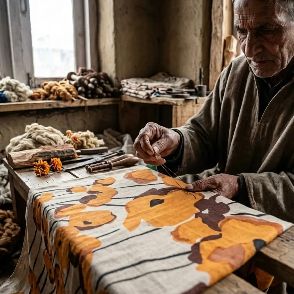 Artisanal Workshop Senior Craftsman Working on a Contemporary Ochre Floral Motif Textile. (2)