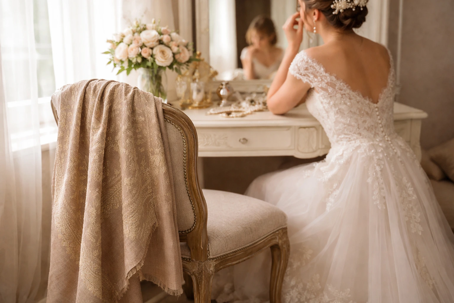 Beige Shawl Draped on Chair with Bride Beige-Shawl-Draped-on-Chair-with-Bride