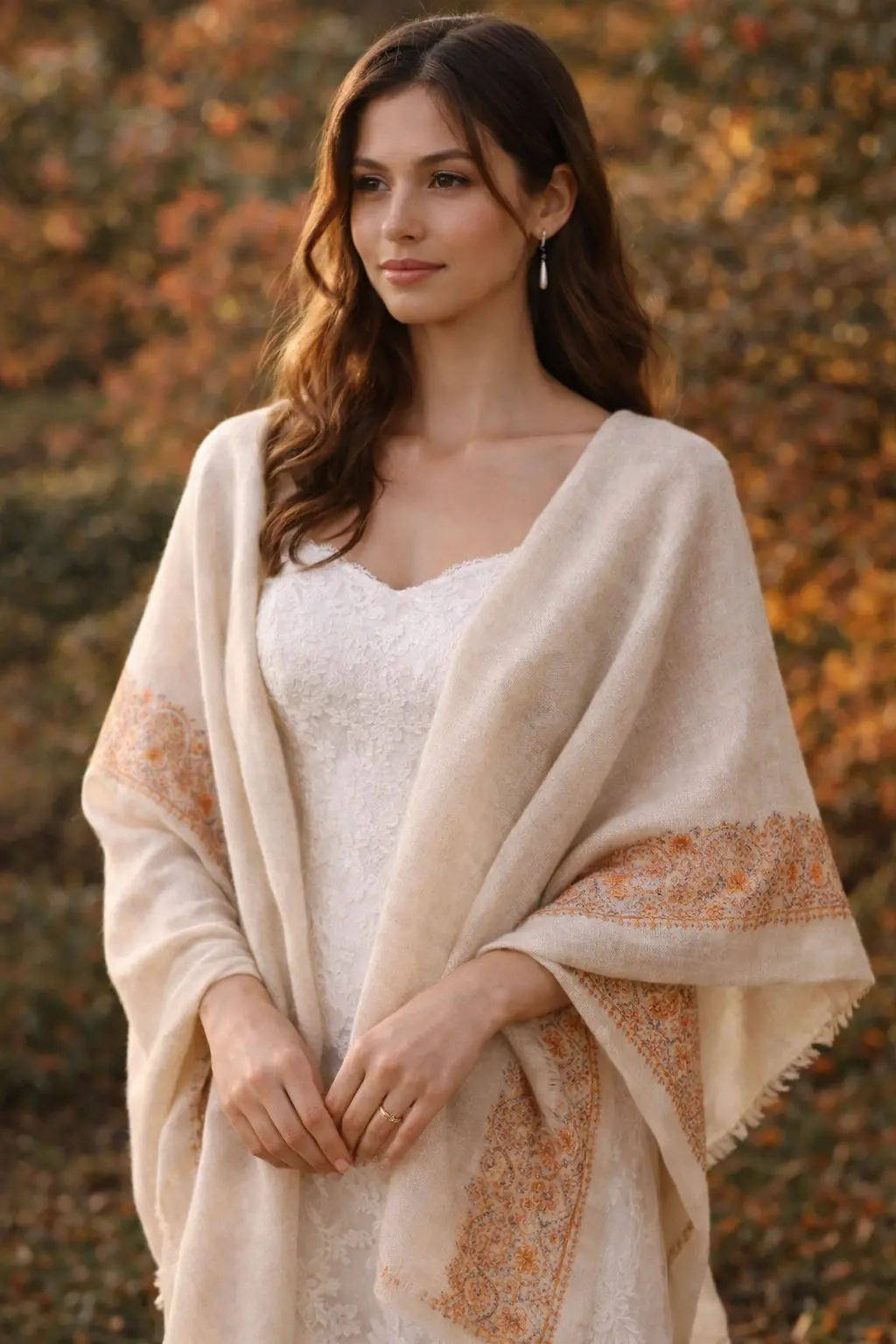 Bridal Lifestyle Model in Cream Shawl with Intricate Terracotta Border Embroidery.