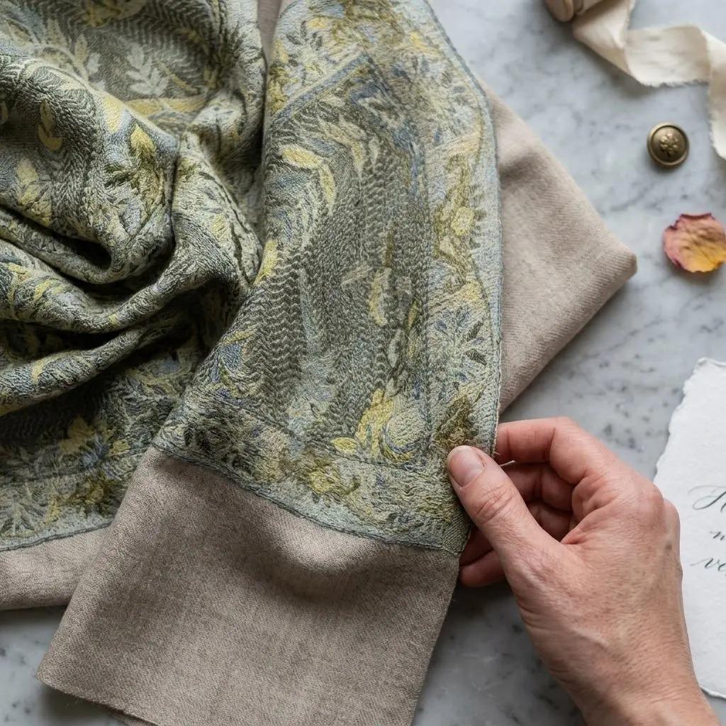Detailed Close-up of Sage Green Embroidered Border on Pashmina.