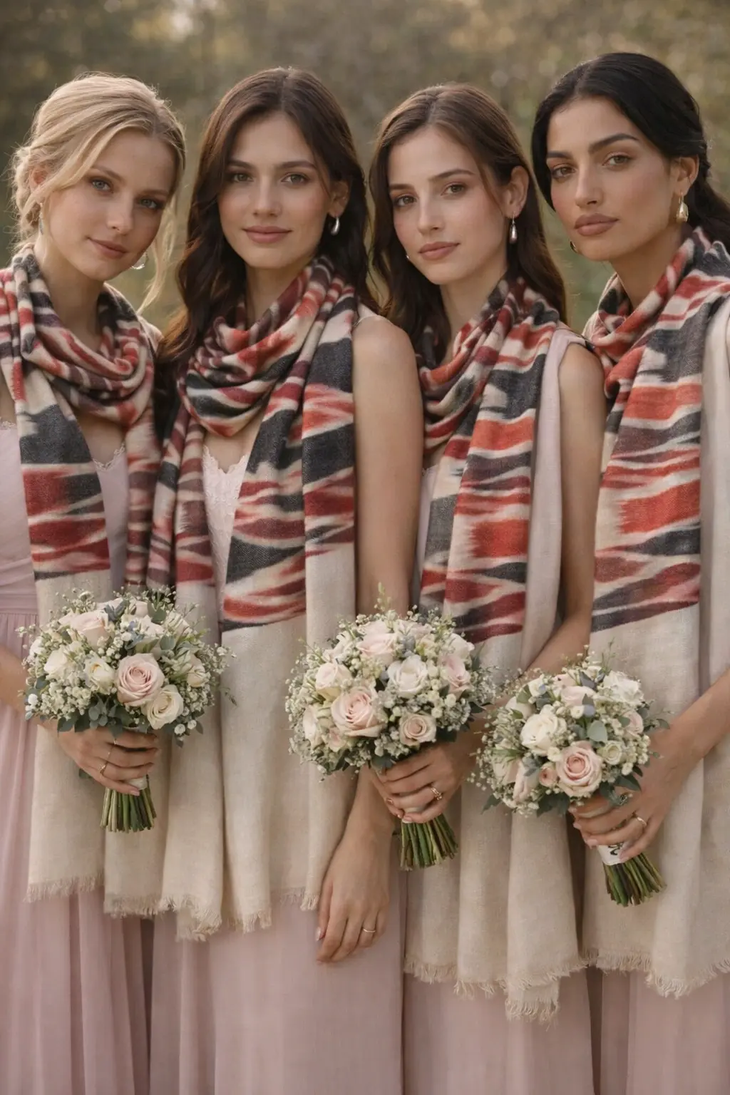 Editorial Group Shot Models Wearing Earth-Tone Patterned Pashminas with Bouquets.