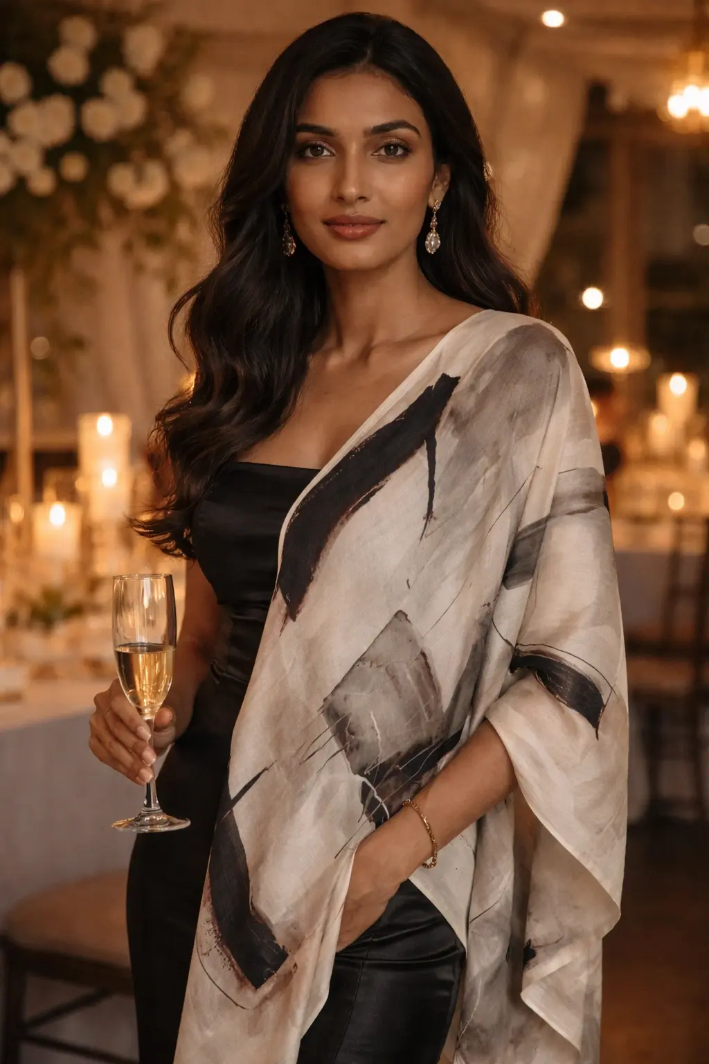 Evening Wear Aesthetic Model in Abstract Ink-Wash Print Silk Stole.