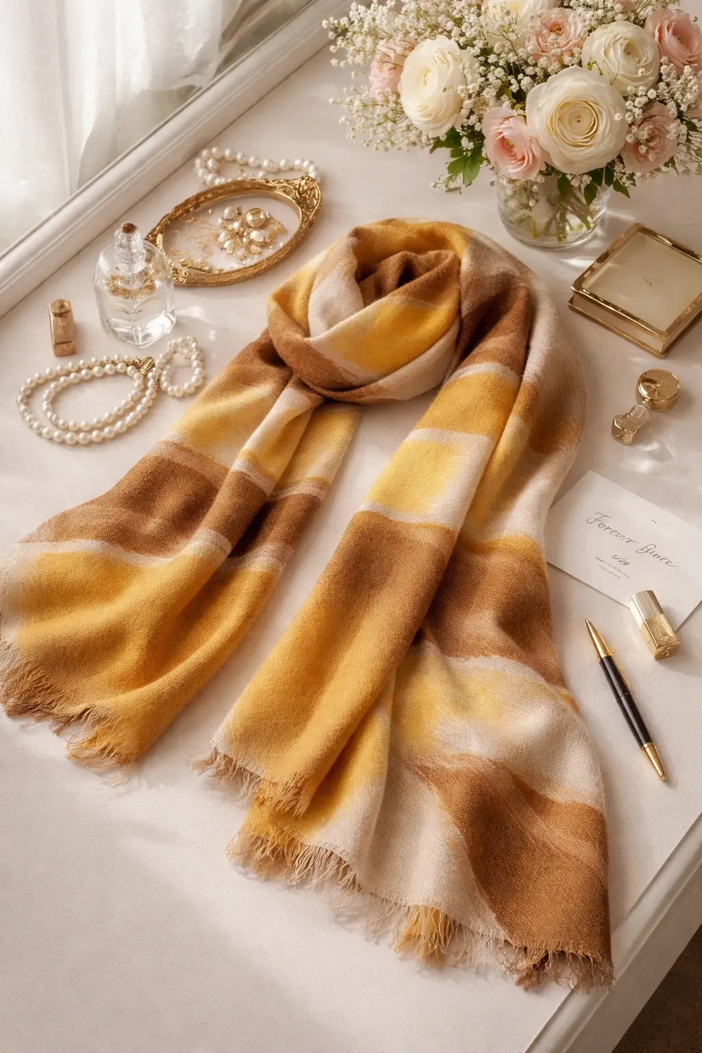 Flat Lay Lifestyle Arrangement Ochre and Earth-Tone Striped Scarf with Jewelry.