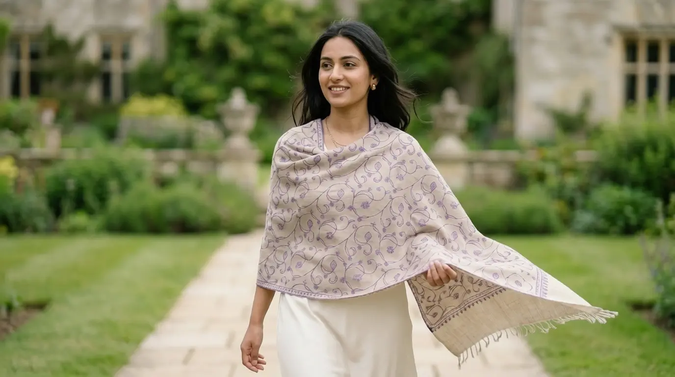 Garden Stroll Model Draping a Beige Pashmina with Lavender Floral Vine Embroidery