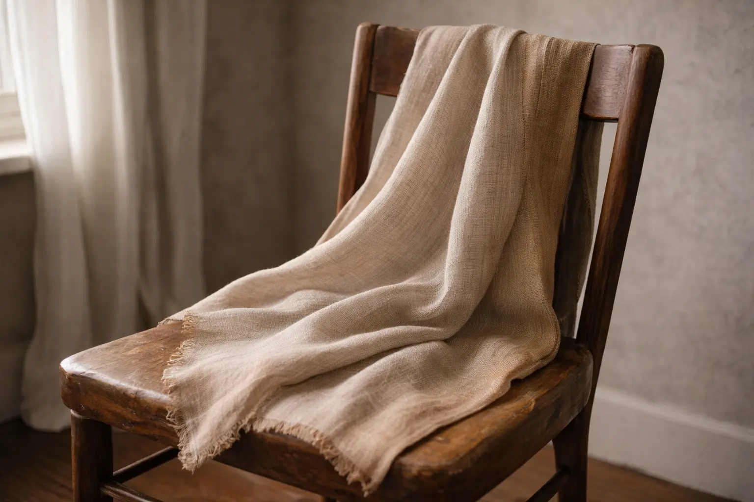 Natural-Beige-Woolen-Wrap-Draped-on-Vintage-Wooden-Chair