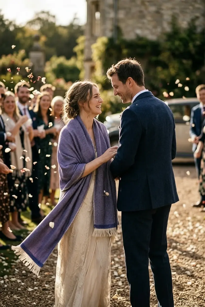 Outdoor-Wedding-Moment-Bride-in-Lace-Gown-and-Cornflower-Blue-Herringbone-Wrap