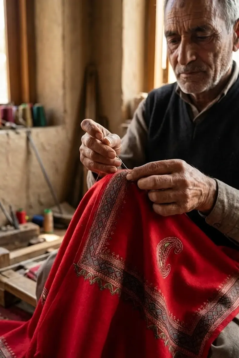 The Master Artisan Close-up of Traditional Hand-Needle Embroidery on Crimson Fabric.