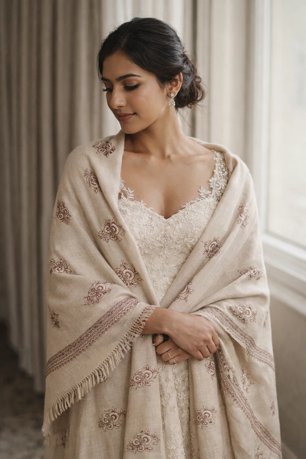 Woman in Lace Gown with Beige Wrap Woman-in-Lace-Gown-with-Beige-Wrap