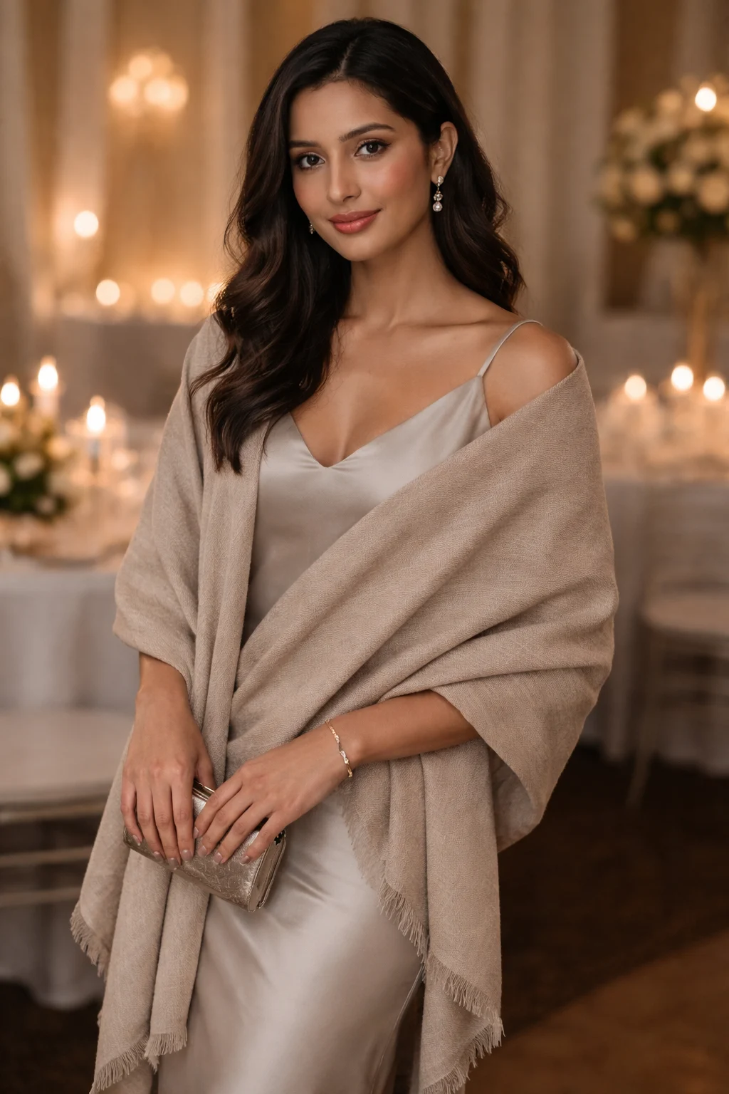 Woman in Silver Dress with Beige Wrap Woman-in-Silver-Dress-with-Beige-Wrap