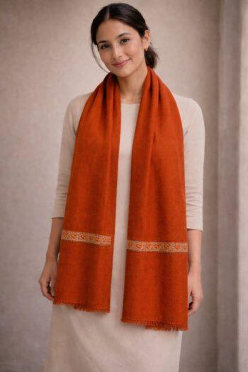 Sombul Dilbar Pure Wool Scarf in Rust with Hand Embroidery