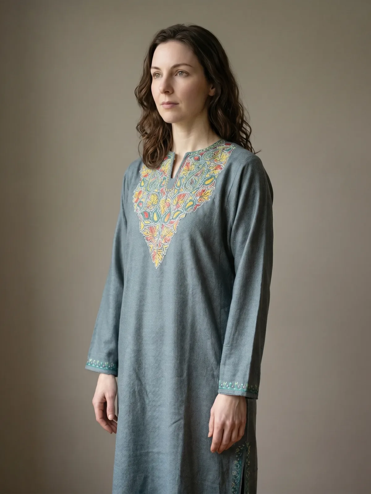 Afsana Sage Green Hand Needle Work Pheran