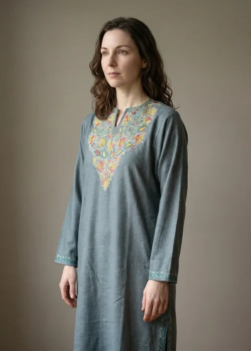 Afsana Sage Green Hand Needle Work Pheran