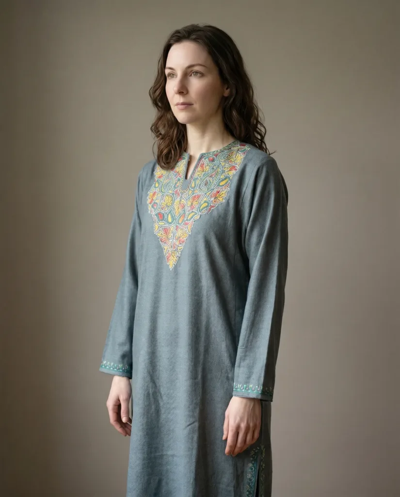 Afsana Sage Green Hand Needle Work Pheran