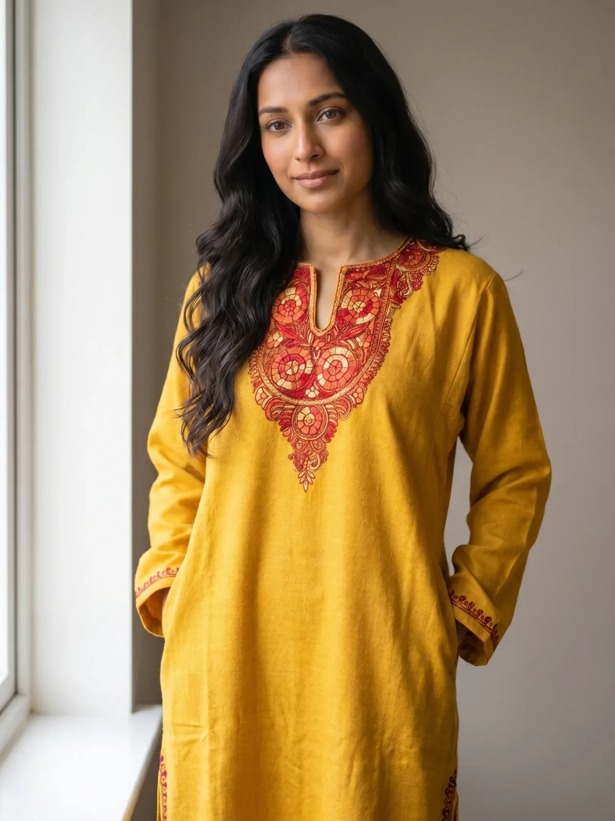 Amberin Mustard Acro Wool Pheran with Hand Needle Work