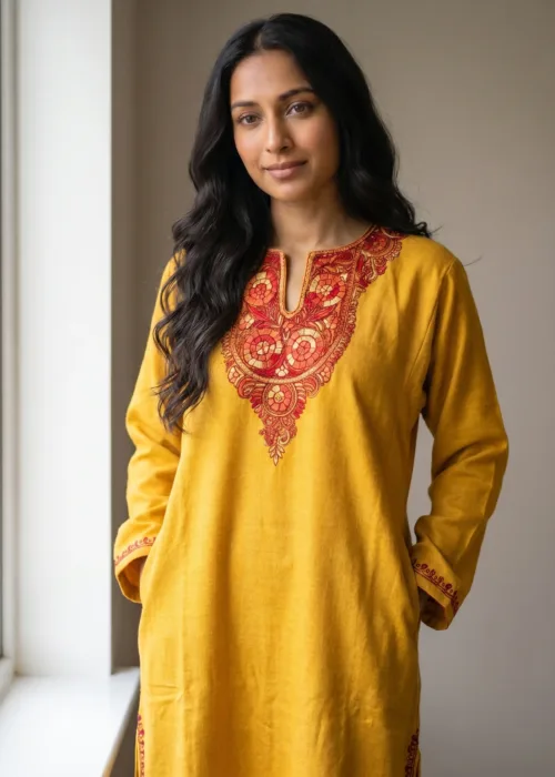 Amberin Mustard Acro Wool Pheran with Hand Needle Work