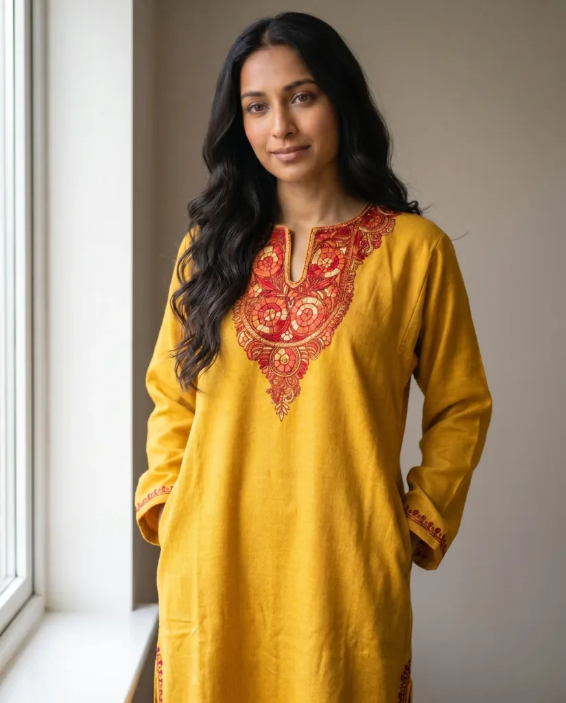 Amberin Mustard Acro Wool Pheran with Hand Needle Work