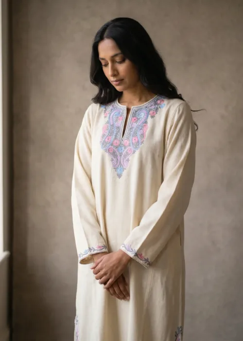 Firdaus Cream Acro Wool Aari Embroidered Pheran