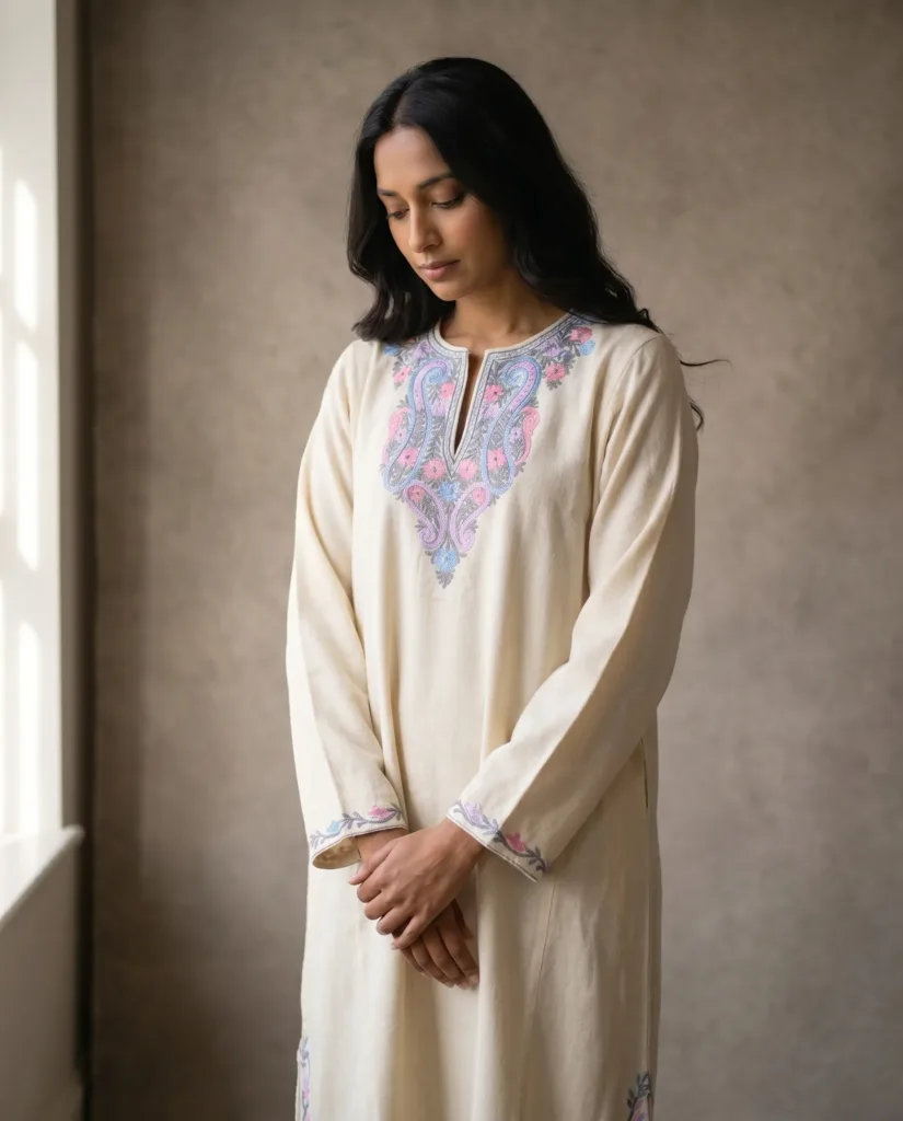 Firdaus Cream Acro Wool Aari Embroidered Pheran
